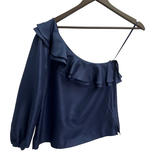 J. Crew Navy Silk One Shoulder Ruffle Neck Blouse Top Size 2 - Picture 6 of 9